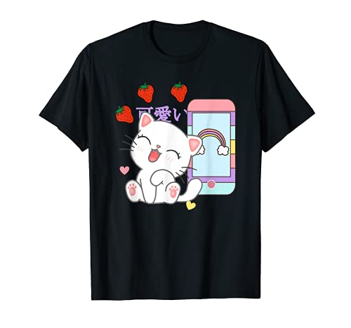 Gato kawaii lindo teléfono móvil anime japonés estética Camiseta