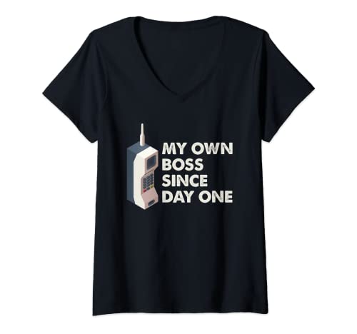 Mujer Mi propio jefe desde el primer día con teléfono móvil retro original de los años 80 Camiseta Cuello V