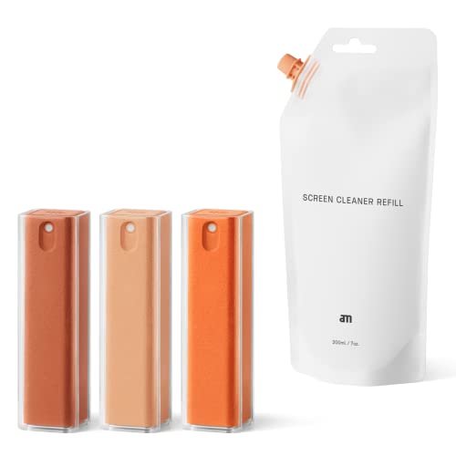 Am Mist 01 (Naranja) Paquete de 3 con Recarga, Limpia, Spray Todo en uno y paño de Microfibra, pulverizadores de Limpieza Recargables para Pantallas de Coche, teléfonos, tabletas y portátiles,