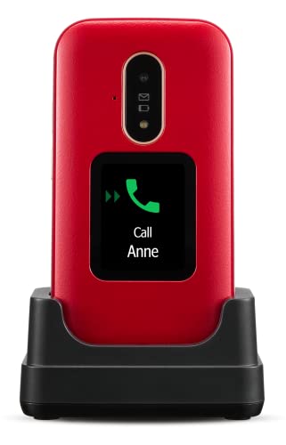 Doro 6880 4G Teléfono Móvil de Tapa para Mayores con Teclas Numéricas Parlantes, Pantalla Externa, Botón SOS y Base de Carga [Versión Española] (Rojo)