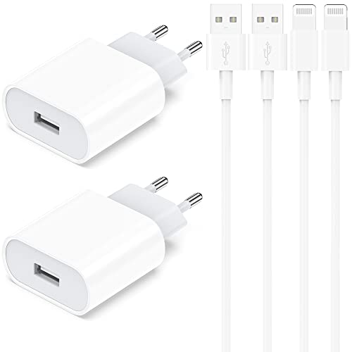 Cargador iPhone, Enchufe USB con 2M Cable Compatible con iPhone 11 XR X XS MAX 8 7 6 5 SE 6S Plus 5S, Pad Air/Mini/Pro, 4-Pack 5V/1A Charger Adaptador Cabezal Carga Pared Movil Universal Corrient