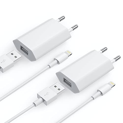 Cargador Rapido iPhone【Certificado MFi Apple】 2 Pack 5V/1A Movil Pared USB Enchufe Adaptador y Dos 1M Lightning Cable Replacement ，Carga Rapida USB Compatibile con iPhone 14 13/12/11/XR/XS/X/8/Pad
