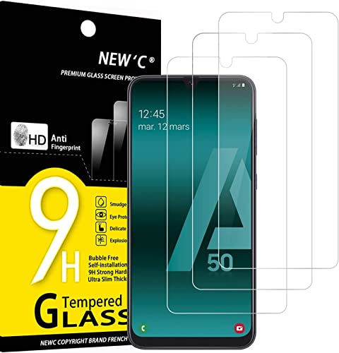 NEW'C 3 Piezas, Protector Pantalla para Samsung Galaxy A50 (SM-A505F), Cristal templado Antiarañazos, Antihuellas, Sin Burbujas, Dureza 9H, 0.33 mm Ultra Transparente, Ultra Resistente