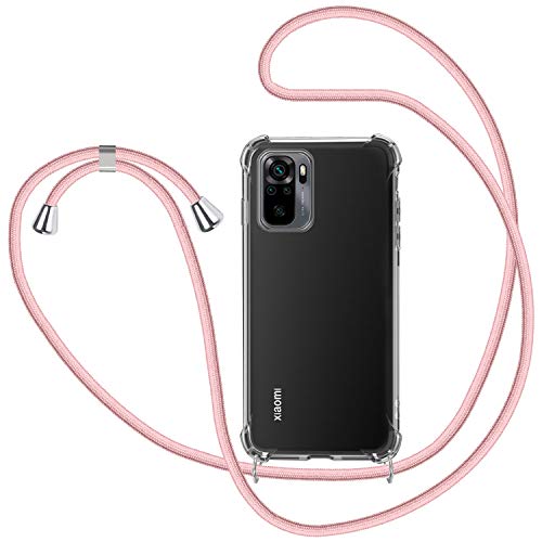 Funda con Cuerda para Xiaomi Redmi Note 10 4G/Xiaomi Redmi Note 10S, Carcasa Transparente TPU Suave Silicona Case con Correa Colgante Ajustable Collar Correa de Cuello Cadena Cordón - Oro rosa