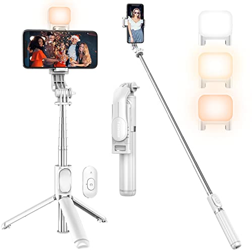 Palo Selfie Trípode con Luz de Relleno -Blanco, Tupwoon Selfie Stick Extensible 104cm con Desmontable Mando y Trípode Movil Compatible con iPhone, Android, Gopro.