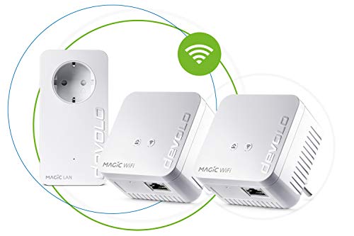 devolo Adaptador WLAN Powerline 8578, mini kit multihabitación WiFi Magic 1, hasta 1200 Mbps, amplificador WLAN Mesh, 2 conexiones LAN, dLAN 2.0, blanco