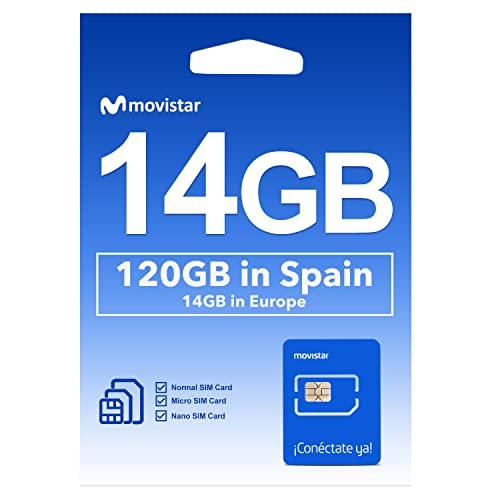 Movistar Europe Tarjeta SIM prepaga de 14 GB de datos para 28 días en el Reino Unido y Europa, 120 GB y 400 minutos de llamadas en España, tarjeta SIM para iPhone y Android, punto de acceso compatible
