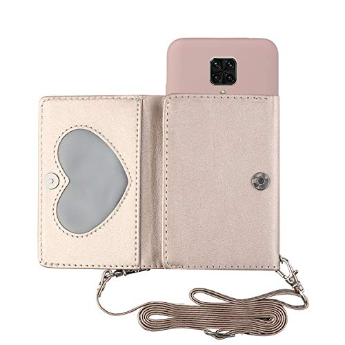 DiaryTown Silicona Funda Xiaomi Redmi Note 9 Pro / 9S / 9 Pro MAX con Correa, Cuero Cartera Tarjetero Carcasa Redmi Note 9 Pro Funda con Soporte Cuerda Colgante Ajustable Protectora Caso, Rosa