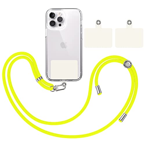 TBOC Pack: Cordón Correa Cuerda Universal [Amarillo Flúor] + 2 Parches Extra de Sujección [Blanco Ice] - para Colgar Funda Teléfono Móvil Cuello - Cinta Cadena Colgante Colgador Lanyard con Enganche