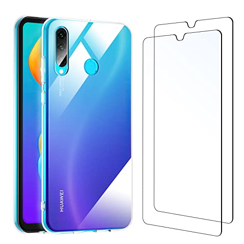 NEW'C Funda para Huawei P30 Lite Carcasa Silicona Transparente Alta y 2X Protector de Pantalla para Huawei P30 Lite Cristal Templado - Antiarañazos