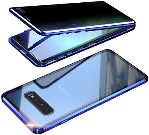 Anti-pío Carcasa para Samsung Galaxy S10 Plus/ S10+ Funda 360 Grados Anti-Spy Protección Case Magnética Adsorción Privacidad Vidrio Templado Anti Espía Anti Peep Caso Marco de Metal Flip Cover,Azul