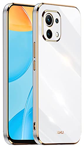 DOINK Funda para Xiaomi MI 11 Lite, Case con Diseño de Borde Dorado, Colorida y Brillante Carcasa de Silicona TPU - Blanco