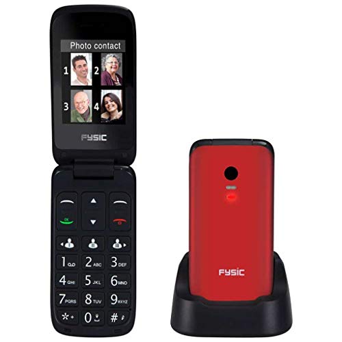 Fysic FM-9710RD - Teléfono móvil Plegable Sencillo para Personas Mayores con botón de pánico SOS - Teléfono móvil para Personas Mayores 32GB - Rojo
