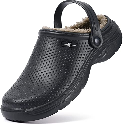 Zapatillas de Estar en casa Hombre Zuecos Mujer Invierno Zapatos de jardín Impermeable Pantuflas Forro Pelusa Caliente Zapatilla de Interior Negro-A 37EU