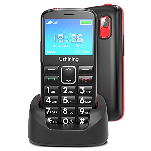 USHINING Teléfono móvil para personas mayores, teléfono móvil con teclas de gran volumen alto función SOS Base de carga, dispositivos acústicos compatibilidad - Negro
