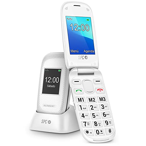 SPC Harmony - Teléfono móvil con Tapa para Personas Mayores con Números y Letras Grandes, Compatible con audífonos, Doble Pantalla, Botón SOS, 3 memorias directas, Base de Carga, Color Blanco