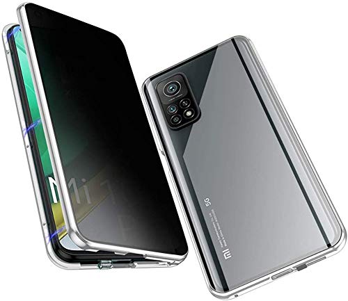Anti-pío Carcasa para Xiaomi Mi 10T / Mi 10T Pro 5G Funda Antiespía Adsorción Magnética 360 Grados Protección Privacidad Vidrio Templado Frontal y Posterior Anti Peep Case Metal Flip Cover, Plata