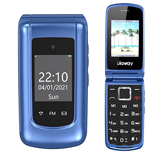 USHINING 2G Teléfono Móvil para Personas Mayores, Teléfono Móvil de Concha con Botones Grandes y Volumen Alto, Función SOS, Cámara, Doble Pantalla de Visualización (1,77 y 2,4 Pulgadas) - Azul