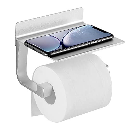 FOMANSH Portarrollos de Papel Higiénico con Estante,Soporte para Papel Higiénico Acero Inoxidable Adhesivo,Portarrollos Baño con Almacenamiento para Teléfono,Móvil,Porta Rollos de Pared sin Taladro