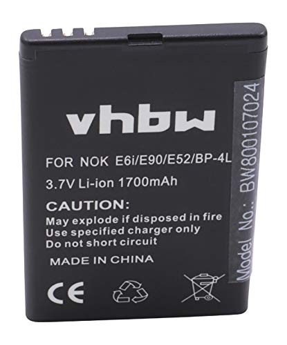 vhbw Li-Ion Batería 1700mAh (3.7) para teléfono móvil Smartphone Nokia 6760 Slide, E52, E55, E61i, E63, E71, E71x, E72 y BP-4L, N4D113J,etc.