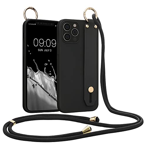 kwmobile Funda Compatible con Apple iPhone 12 / iPhone 12 Pro - Carcasa de Silicona con Cuerda y Agarre Trasero - Negro