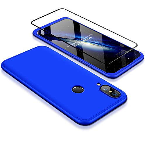 Joytag Funda Huawei P20 Lite 360 Grados Azul Ultra Delgado Todo Incluido Caja del teléfono de la protección 3 en 1 Huawei Nova 3e PC Case + Protectora de película de Vidrio Templado Azul