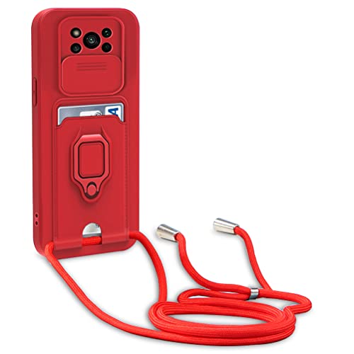 yanasuo Protección de Cámara Funda Compatible con Xiaomi Poco X3 NFC/Poco X3 Pro, con Anillo Soporte, Ajustable Collar Correa de Cuello Cordón Carcasa de Silicona-Rojo