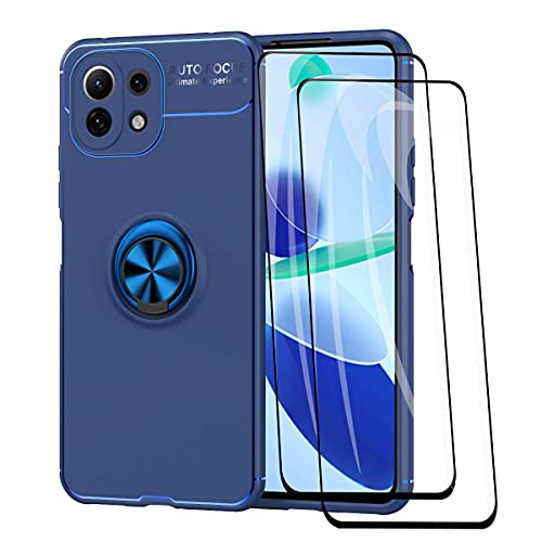 WEIOU Funda para Xiaomi Mi 11 Lite (5G/4G) / 11 Lite 5G NE + 2 Cristal Templado, TPU Silicona Bumper Protección Carcasa Caso Case con Shock- Absorción y 360° Anillo Kickstand, Azul+Azul