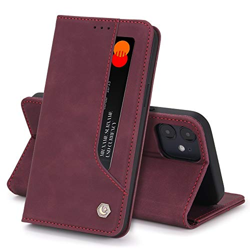 LUSHENG Compatible con Funda iPhone 12, Interior de Lujo de Cuero Alta Gama con Protección Integral, con Ranura para Tarjeta + Función de Soporte - Rojo