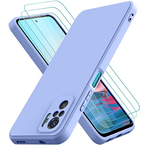 Funda para Xiaomi Redmi Note 10S/ Note 10 4G con 3 Unidades Cristal Templado, Carcasa de Sedoso-Tacto Suave Silicona Líquida, Cubierta a Prueba de Golpes con Forro de Microfibra, Lavanda Púrpura