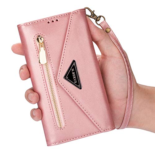 LUSHENG Compatible con Funda Xiaomi Mi 10 Pro, Interior de Lujo de Cuero Alta Gama con Protección Integral, con Ranura para Tarjeta + Función de Soporte - Oro Rosa