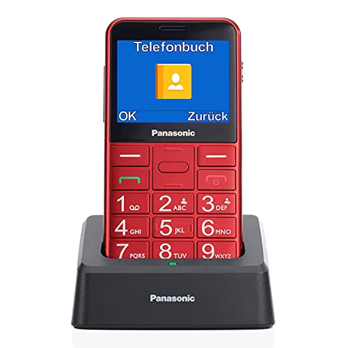 Panasonic KX-TU155 Teléfono Móvil para Personas Mayores (Botón de emergencia SOS, Compatible con audífonos, Función de linterna, Botones grandes fácil uso, Pantalla a color de 2.3 pulgadas) Rojo