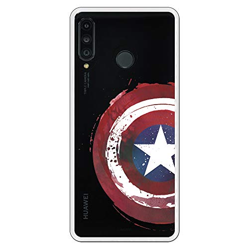 Funda para Huawei P30 Lite Oficial de Marvel Capitán América Escudo Transparente para Proteger tu móvil. Carcasa para Huawei de Silicona Flexible con Licencia Oficial de Marvel.