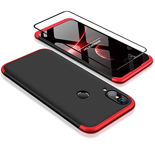 Joytag Funda Huawei P20 Lite 360 Grados Rojo Negro Ultra Delgado Todo Incluido Caja del teléfono de la protección 3 en 1 Huawei Nova 3e PC Case + Protectora de película de Vidrio Templado Rojo Negro