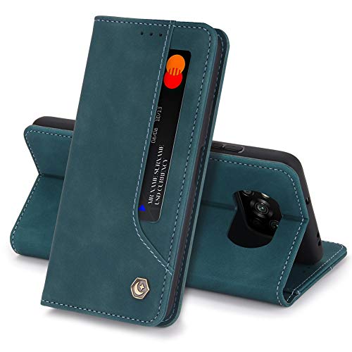 LUSHENG Compatible con Funda Xiaomi Poco X3 NFC, Interior de Lujo de Cuero Alta Gama con Protección Integral, con Ranura para Tarjeta + Función de Soporte - Azul