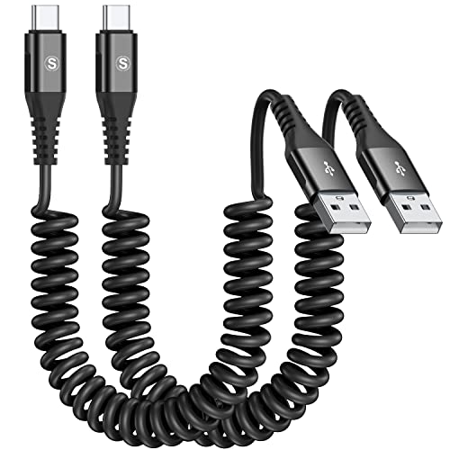 Cable USB tipo C en espiral [2 unidades, 2m], Cable USB C retráctil, Cable rápido USB A a USB C para cargador para Samsung Galaxy S23 S22 S21 S20 S10 S9 Note 10, LG8/G7, Dispositivos USB C(negro)