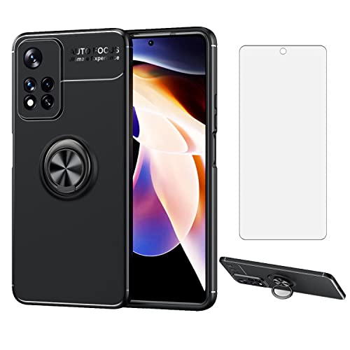 Asuwish Compatible con Xiaomi Redmi Note 11 Pro Funda y protector de pantalla de vidrio templado Soporte de anillo Soporte de metal magnético Accesorios celulares Cubierta del teléfono para Redme