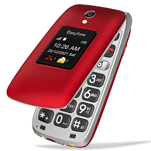 Easyfone Prime-A1 Pro gsm Teléfono Móvil para Mayores con Tapa, Botón SOS con GPS, Audífonos Compatibles, Batería 1500mAh, Base de Carga (Rojo, 2G gsm)