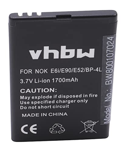 vhbw Batería Recargable Compatible con Nokia 6760 Slide, Clipper, E52, E55, E61i, E63, E71, E71x, E72, E90 móvil, Smartphone (1700 mAh, 3,7 V, Li-Ion)
