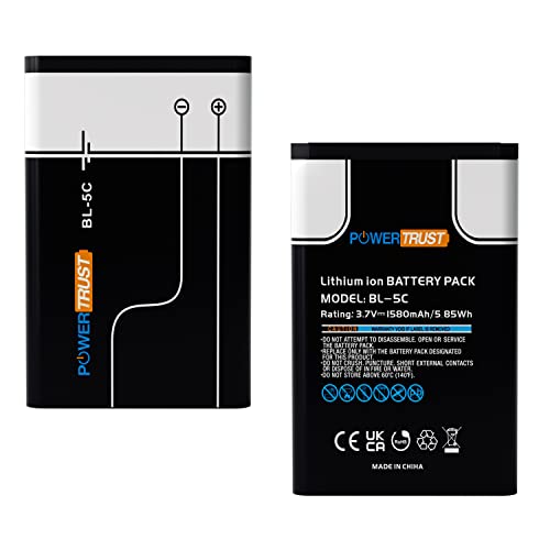 PowerTrust Pack de 2 baterías BL5C BL-5C de 1580 mAh para Nokia 2112, 2118, 2255, 2270, 2280, 2300, 2600, 2610, 3125, 3230, 1100, 1600