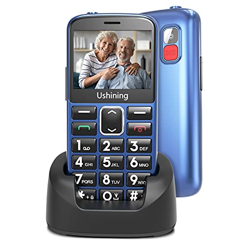 Ushining teléfono móvil para personas mayores - Teléfono móvil con botones grandes - Volumen alto - Función SOS - Base de carga - Compatibilidad con audífonos - Color azul