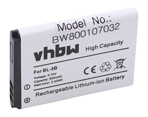 vhbw Batería Li-Ion 900mAh (3.7V) móviles Nokia 2610, 3220, 3230, 5070, 5140, 5140i, 5200, 5300 sustituye Nokia BL-5B.
