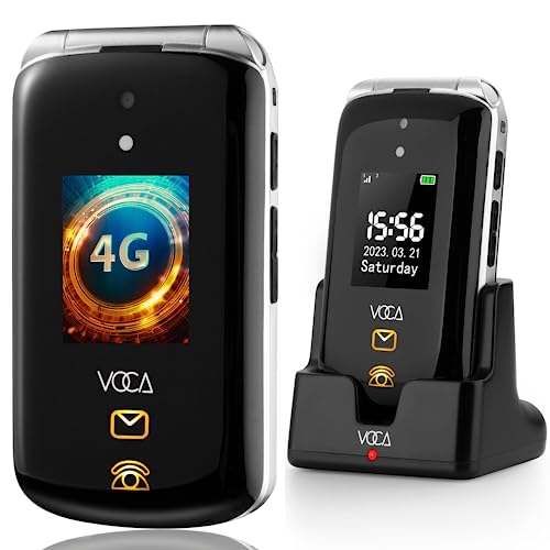 VOCA V543 Teléfono móvil de Tapa para Mayores, Botones y Teclas Grandes, Pantalla Dual, 4G LTE, Volumen Alto, Botón SOS | Compatibilidad con audífonos | Base de Carga | Texto predictivo (Negro)