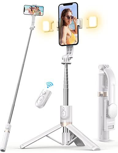 Tupwoon Trípode y Palo Selfie Bluetooth iPhone - 2 Luces Recargables, Trípode de Viaje Extensible de 114 cm con Obturador Remoto, para iPhone, Samsung, Huawei y Más (Blanco)