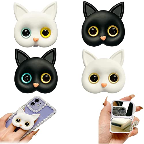 Soporte para teléfono con gatito lindo 3D con mini espejo, soporte plegable para teléfono con gato, soporte para teléfono móvil trasero ultrafino para todos los teléfonos móviles (4 piezas)