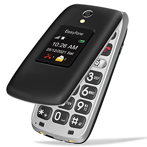 Easyfone Prime-A1 Pro gsm Teléfono Móvil para Mayores con Tapa, Botón SOS con GPS, Audífonos Compatibles, Batería 1500mAh, Base de Carga (Negro, 2G gsm)