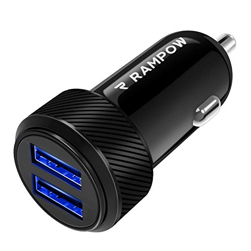 RAMPOW Cargador Coche 24W 2-Port, Cargador mechero fácil de Cargar Doble Puerto con LED, Cargador movil Coche para teléfonos y tabletas, iPhone, Samsung,Xiaomi- Negro