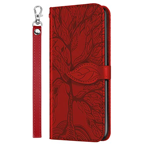 xiaomi Poco x3 NFC Case, Poco x3 Wallet Case, Poco x3 NFC Smartphone Life Tree Caving Pattern Funda de Cuero para teléfono móvil con Soporte abatible/Cierre magnético y Bolsillo para Tarjetas Rojo