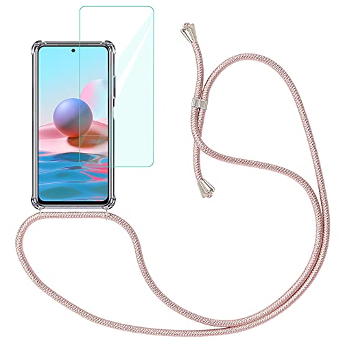Yohii Funda con Cuerda para Xiaomi Redmi Note 10 4G / Note 10S + Protector Pantalla de Cristal Templado, Carcasa Transparente TPU Suave Silicon Colgante Ajustable Collar - Oro Rosa