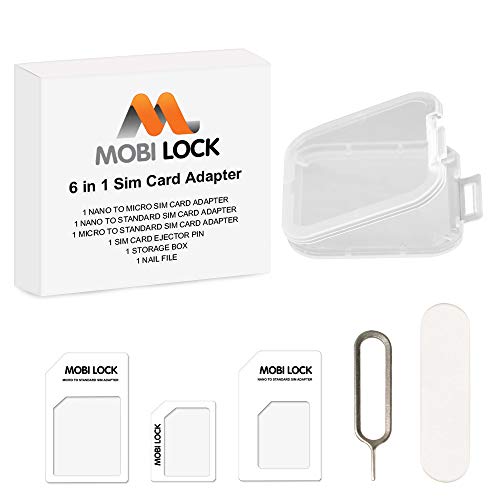 Adaptador kit de tarjeta SIM 6 en 1 (Micro, Nano y estándar) con Lima de uñas y caja de almacenamiento para Todas las series de iPhone, Samsung, HTC y todos los demás smartphones Android - Mobi Lock